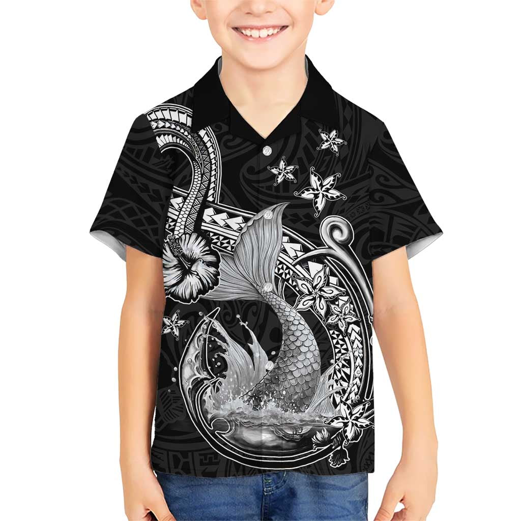 Hawaii Mermaid Monotone Family Matching Off Shoulder Maxi Dress and Hawaiian Shirt Polynesian Pattern Fish Hook LT01 Son's Shirt Black - Polynesian Pride