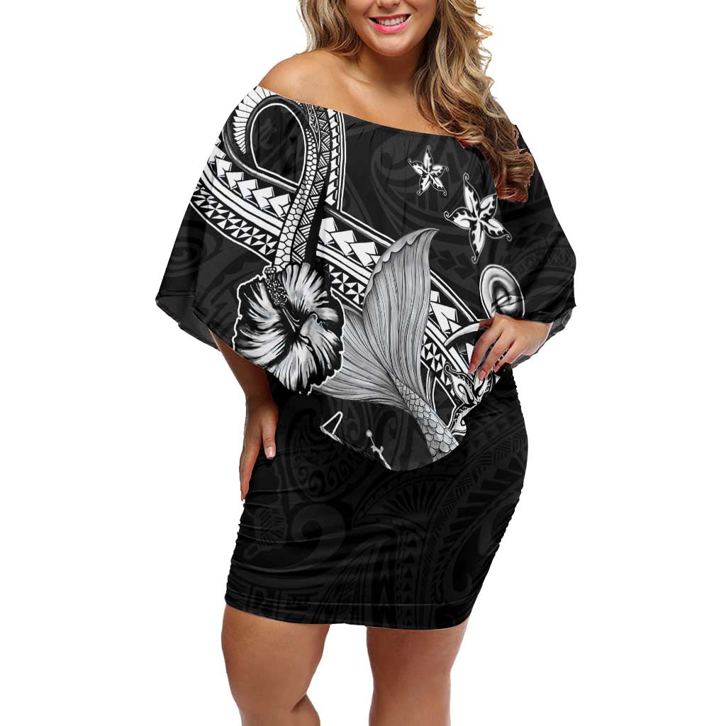 Hawaii Mermaid Monotone Family Matching Off Shoulder Short Dress and Hawaiian Shirt Polynesian Pattern Fish Hook
