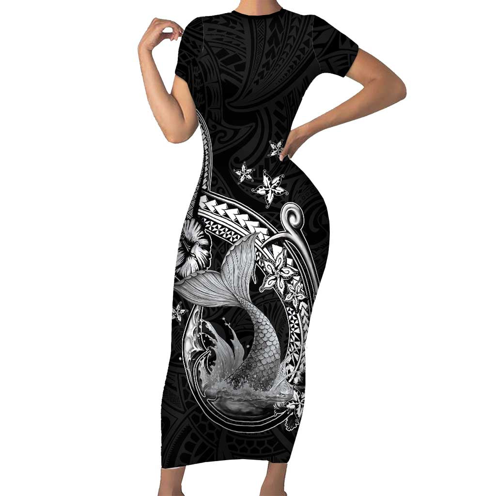Hawaii Mermaid Monotone Family Matching Short Sleeve Bodycon Dress and Hawaiian Shirt Polynesian Pattern Fish Hook