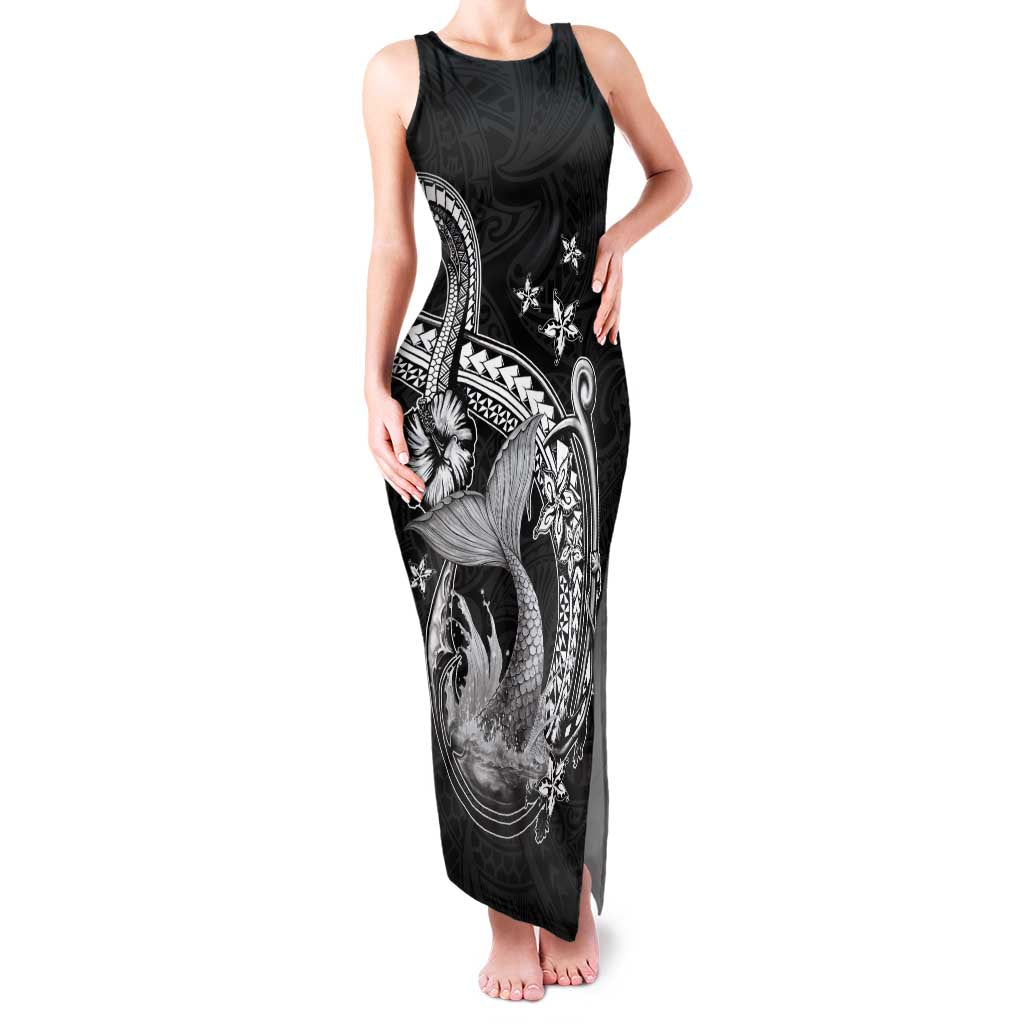Hawaii Mermaid Monotone Family Matching Tank Maxi Dress and Hawaiian Shirt Polynesian Pattern Fish Hook