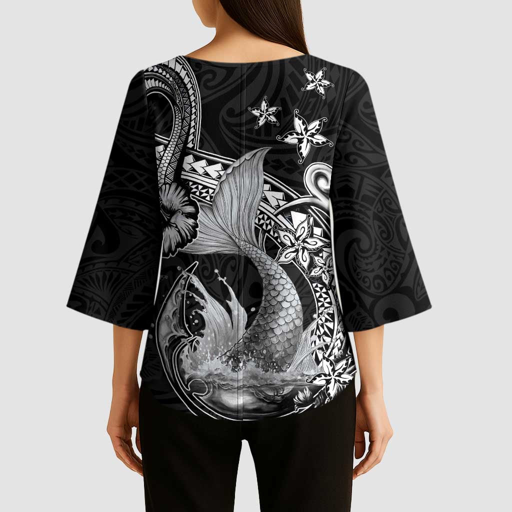 Hawaii Mermaid Monotone Kimono Sleeve Blouse Polynesian Pattern Fish Hook