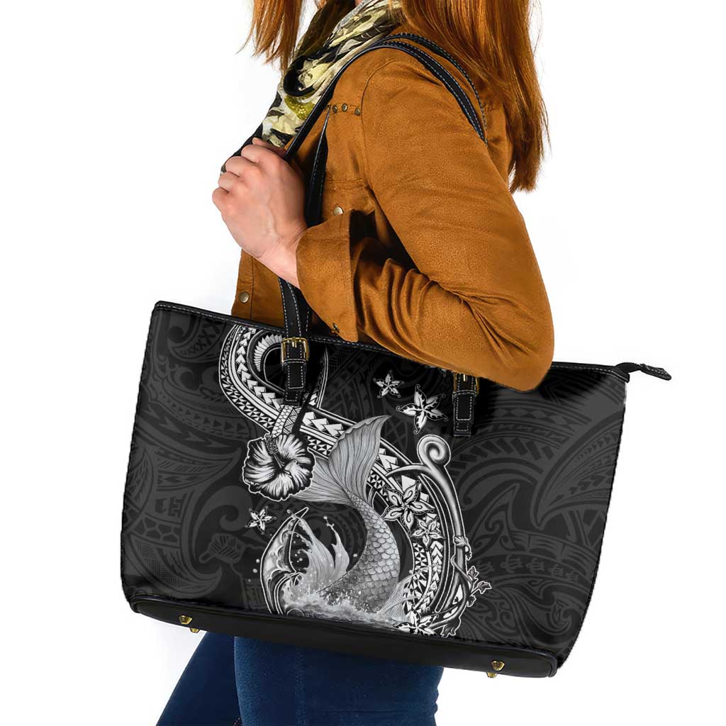 Hawaii Mermaid Monotone Leather Tote Bag Polynesian Pattern Fish Hook