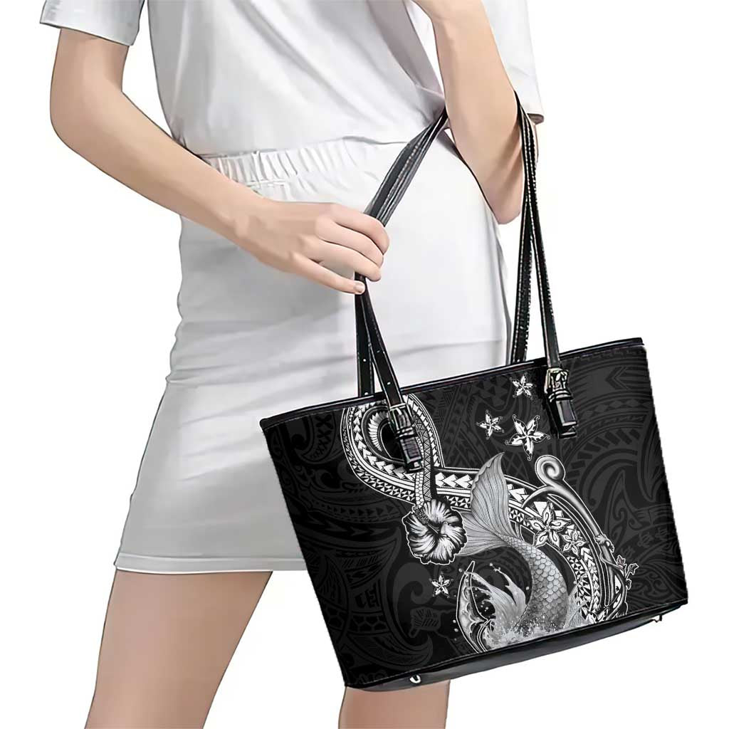 Hawaii Mermaid Monotone Leather Tote Bag Polynesian Pattern Fish Hook