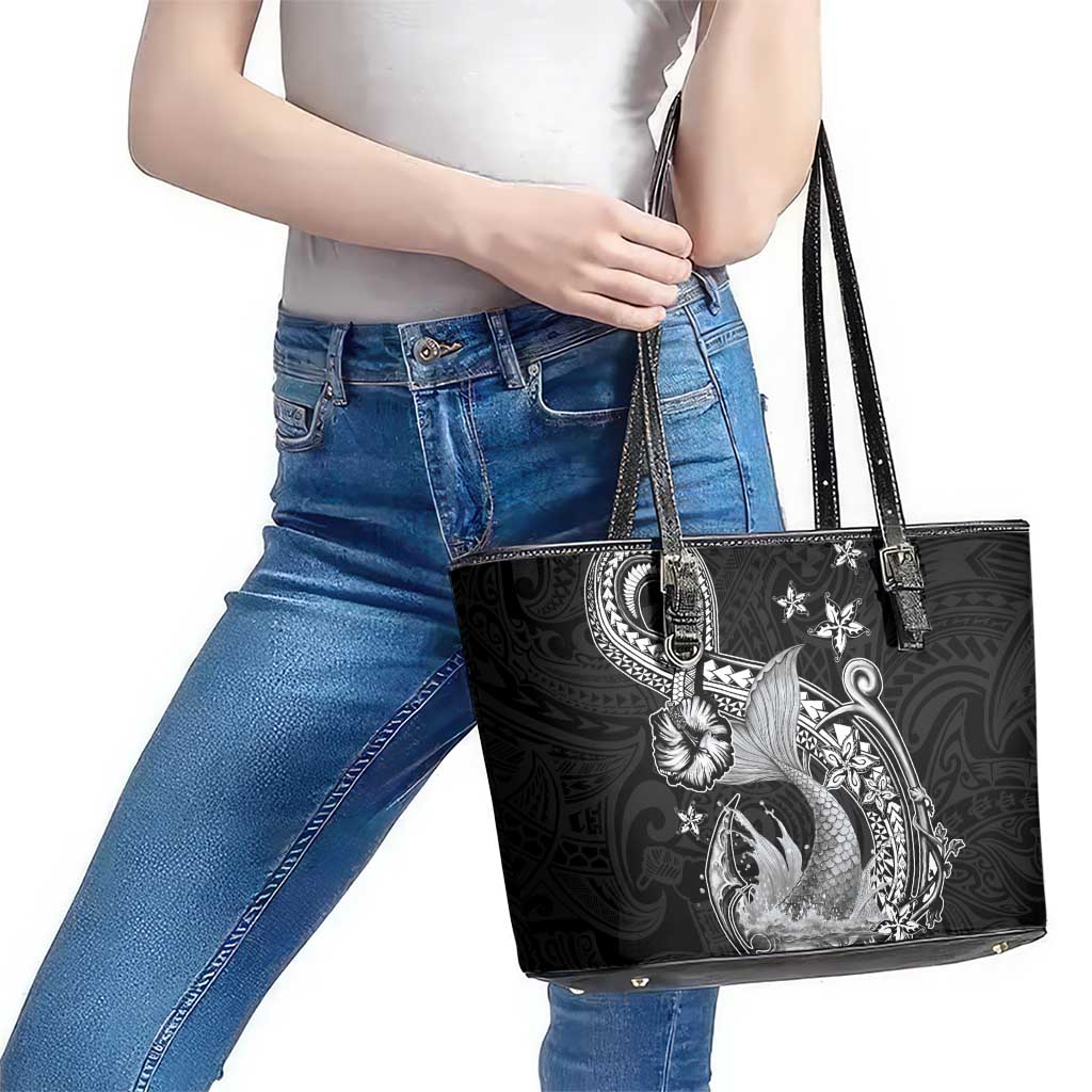 Hawaii Mermaid Monotone Leather Tote Bag Polynesian Pattern Fish Hook