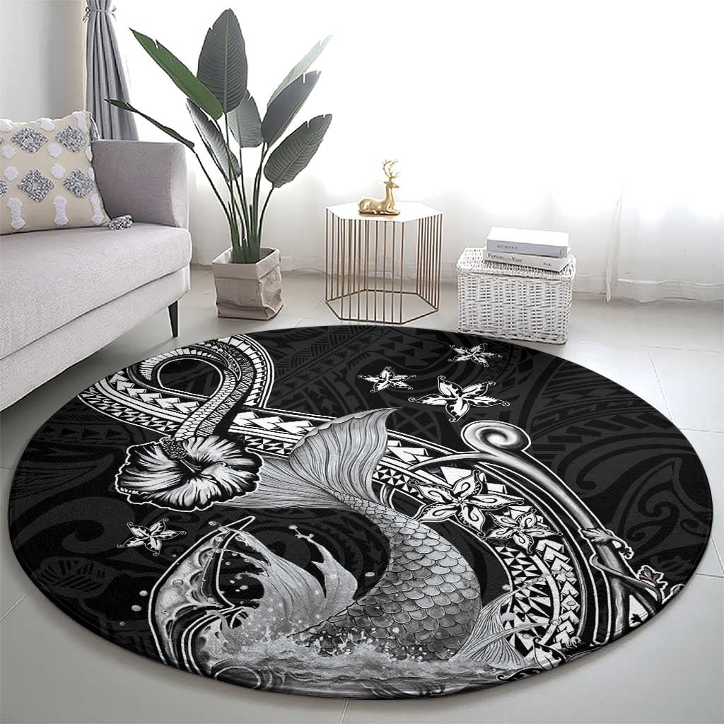 Hawaii Mermaid Monotone Round Carpet Polynesian Pattern Fish Hook