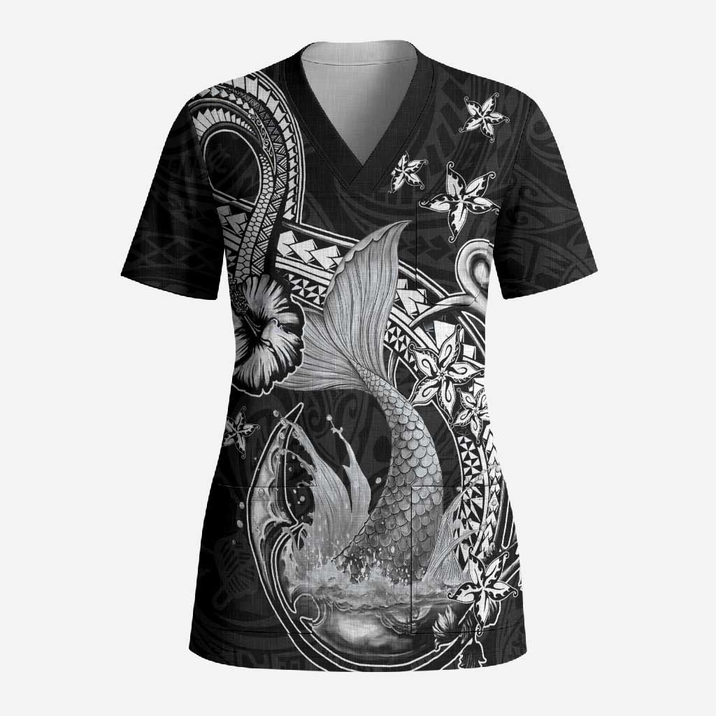 Hawaii Mermaid Monotone Scrub Top Polynesian Pattern Fish Hook