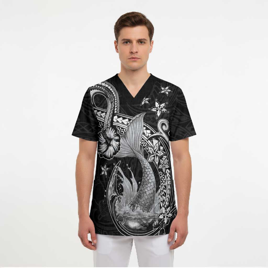 Hawaii Mermaid Monotone Scrub Top Polynesian Pattern Fish Hook