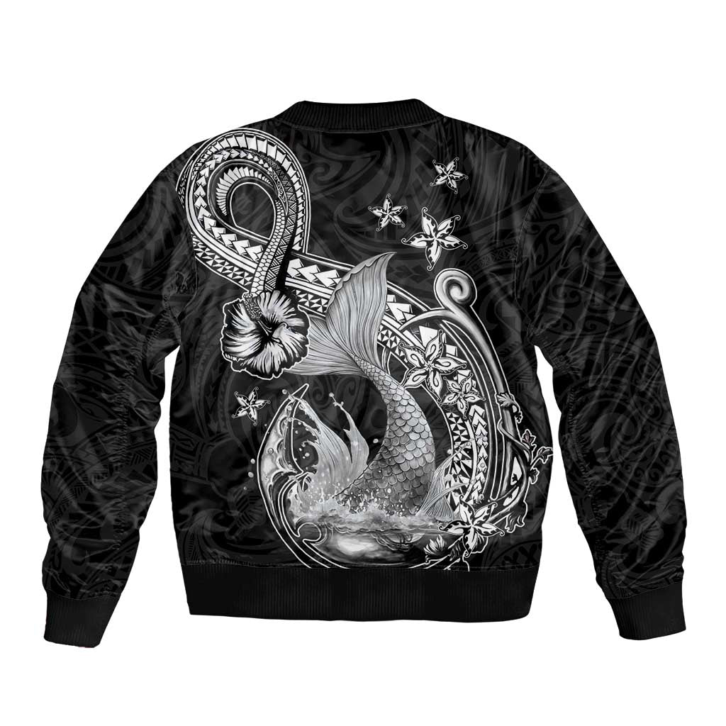 Hawaii Mermaid Monotone Sleeve Zip Bomber Jacket Polynesian Pattern Fish Hook