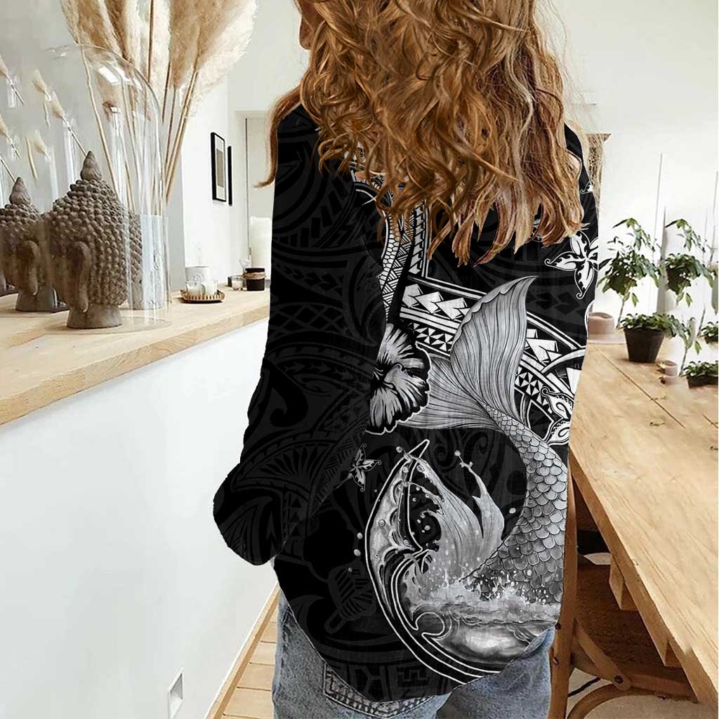 Hawaii Mermaid Monotone Women Casual Shirt Polynesian Pattern Fish Hook