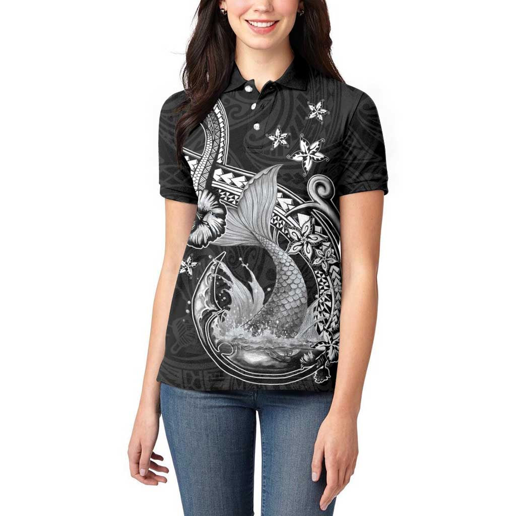 Hawaii Mermaid Monotone Women Polo Shirt Polynesian Pattern Fish Hook