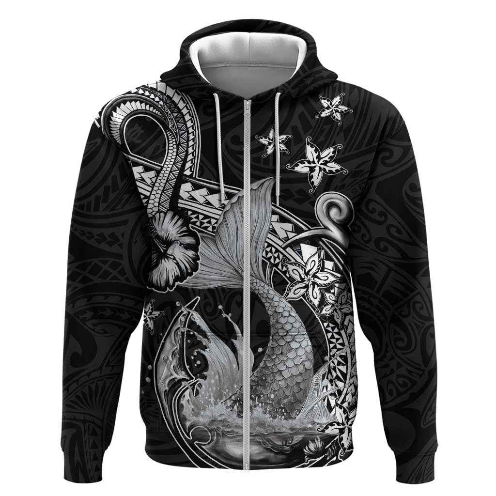 Hawaii Mermaid Monotone Zip Hoodie Polynesian Pattern Fish Hook