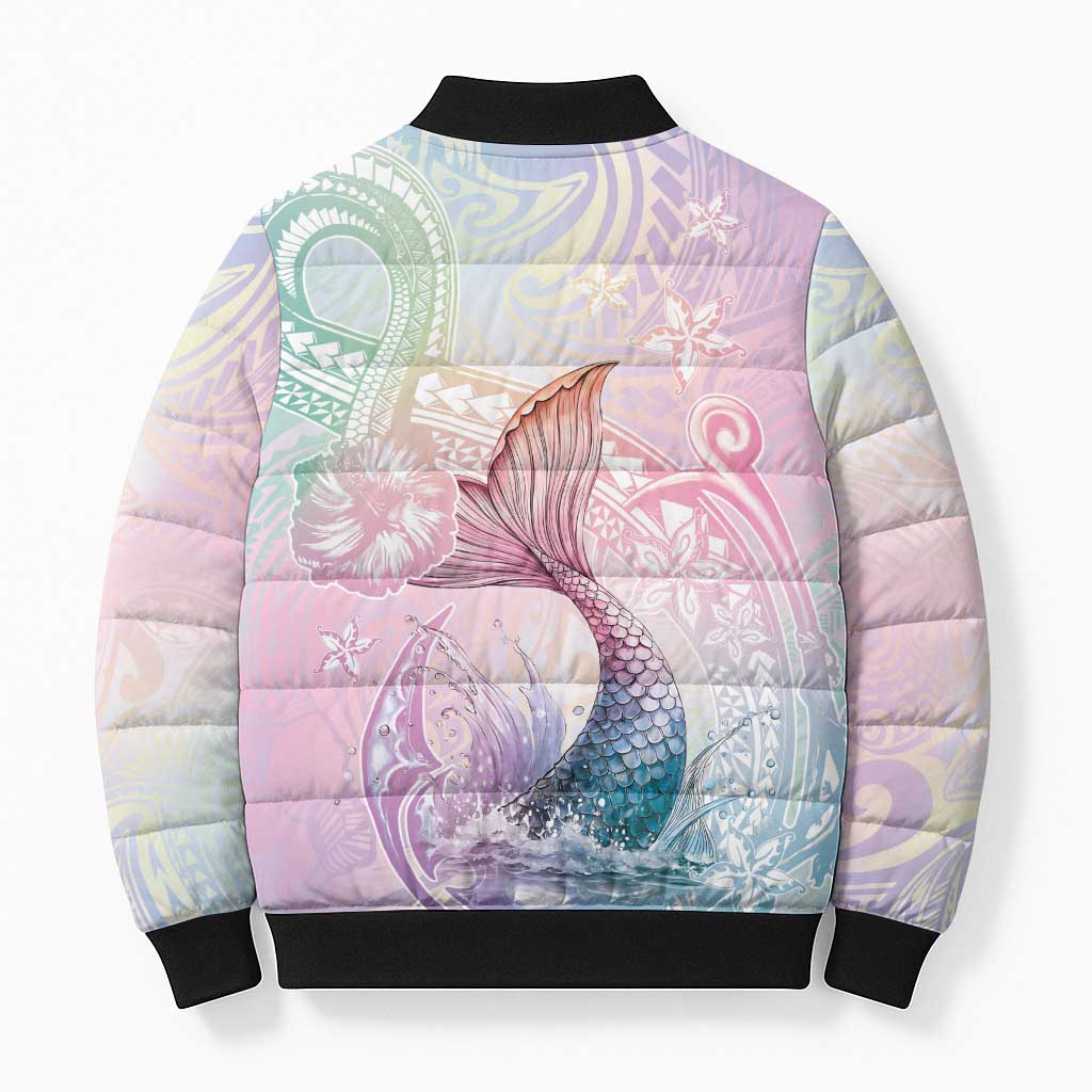 Hawaii Mermaid Sweet Pastel Bomber Puffer Jacket Polynesian Pattern Fish Hook