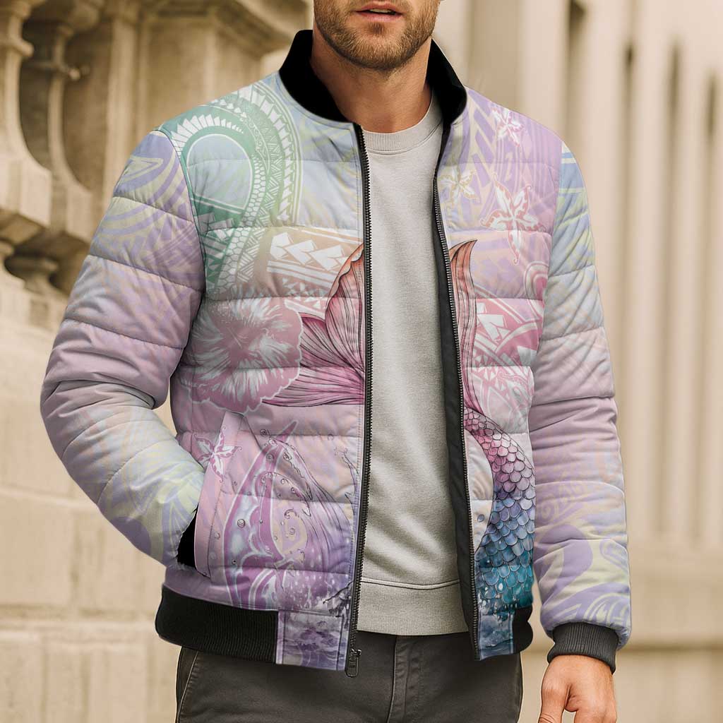 Hawaii Mermaid Sweet Pastel Bomber Puffer Jacket Polynesian Pattern Fish Hook