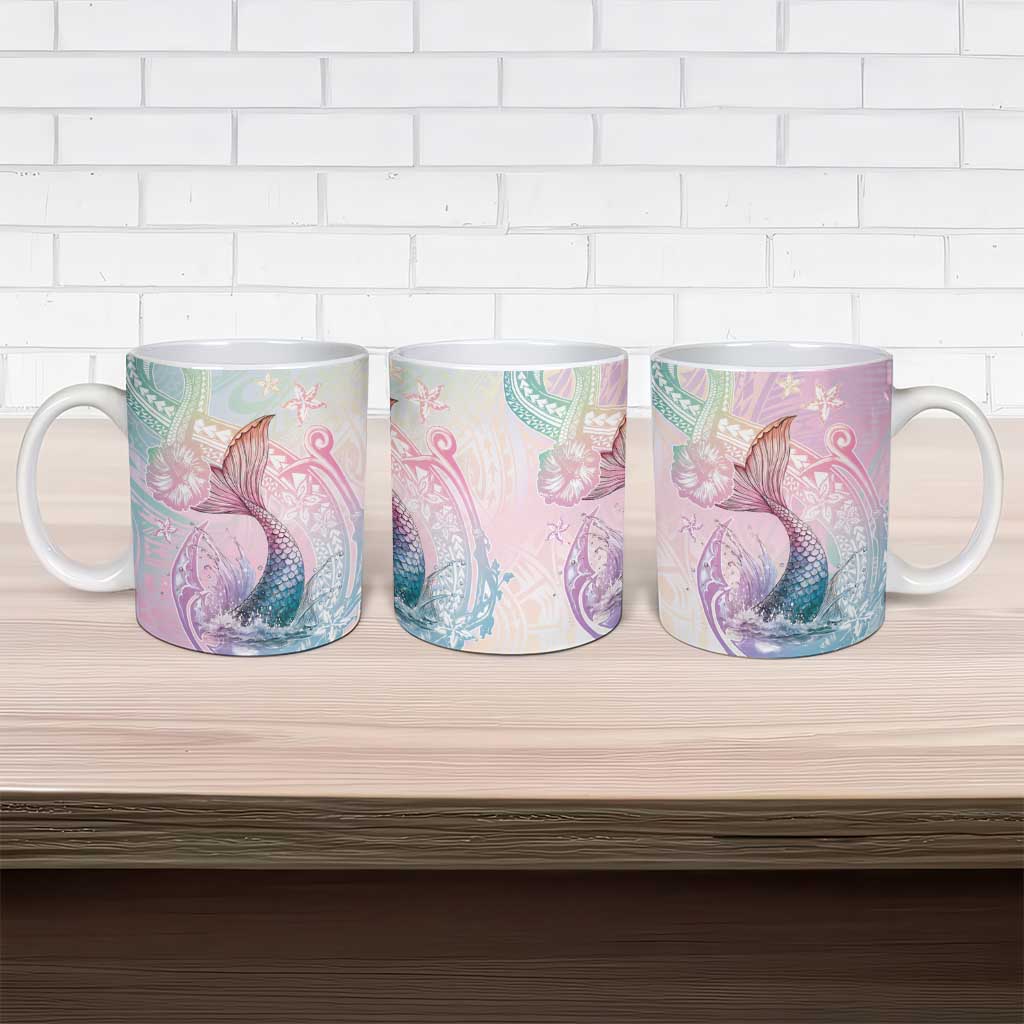 Hawaii Mermaid Sweet Pastel Ceramic Mug Polynesian Pattern Fish Hook