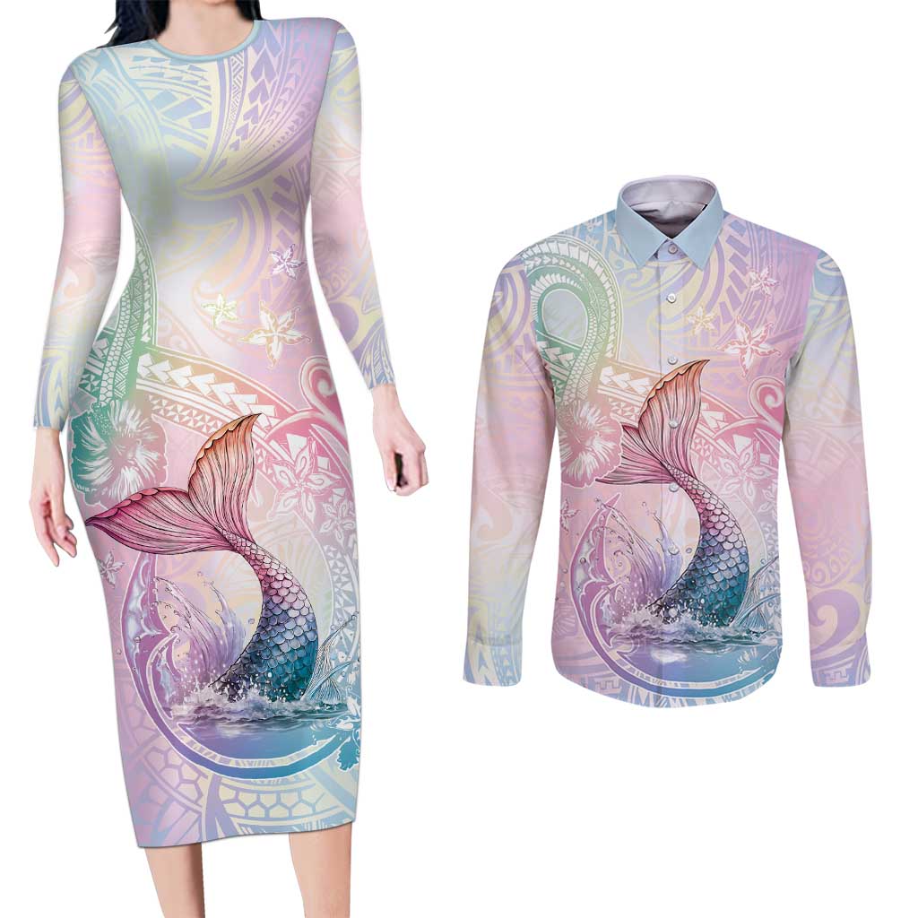 Hawaii Mermaid Sweet Pastel Couples Matching Long Sleeve Bodycon Dress and Long Sleeve Button Shirt Polynesian Pattern Fish Hook LT01 Multicolor - Polynesian Pride