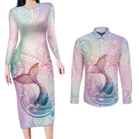 Hawaii Mermaid Sweet Pastel Couples Matching Long Sleeve Bodycon Dress and Long Sleeve Button Shirt Polynesian Pattern Fish Hook LT01 Multicolor - Polynesian Pride
