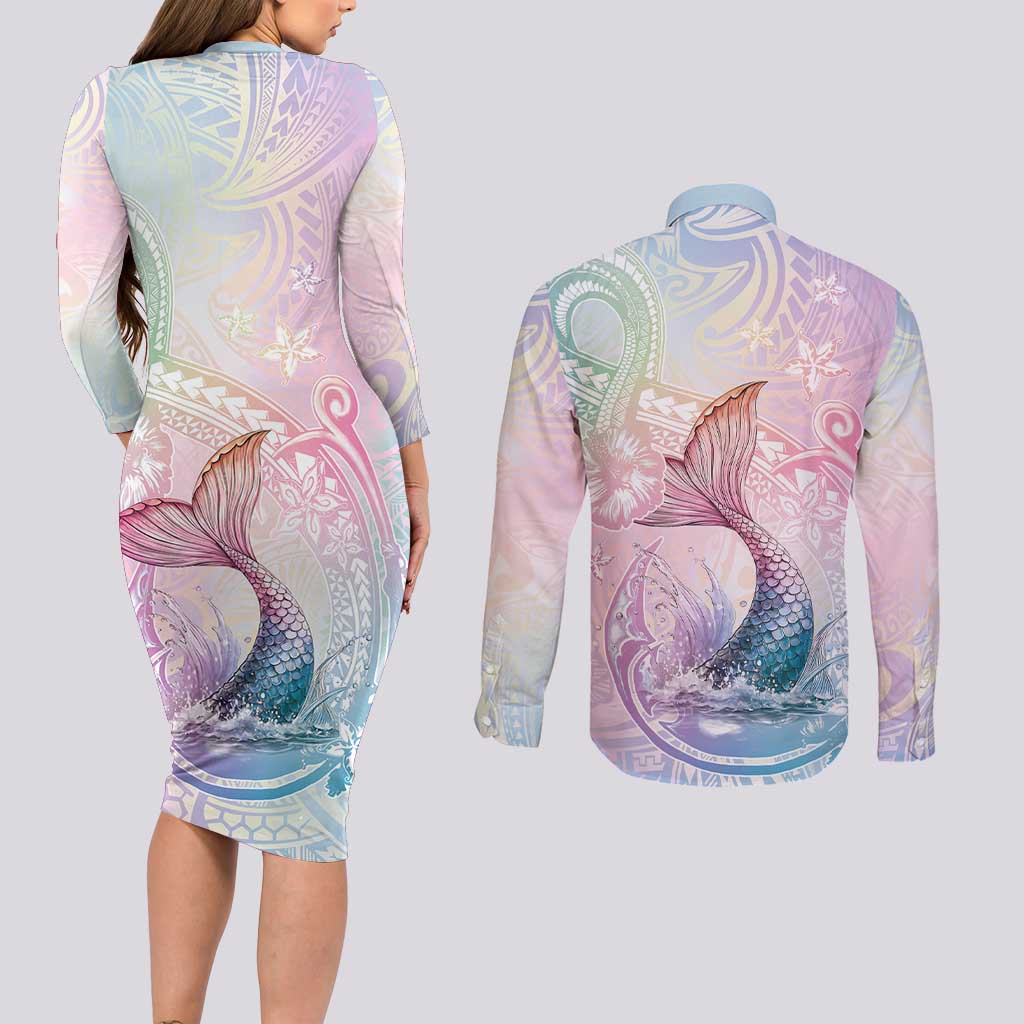 Hawaii Mermaid Sweet Pastel Couples Matching Long Sleeve Bodycon Dress and Long Sleeve Button Shirt Polynesian Pattern Fish Hook LT01 - Polynesian Pride