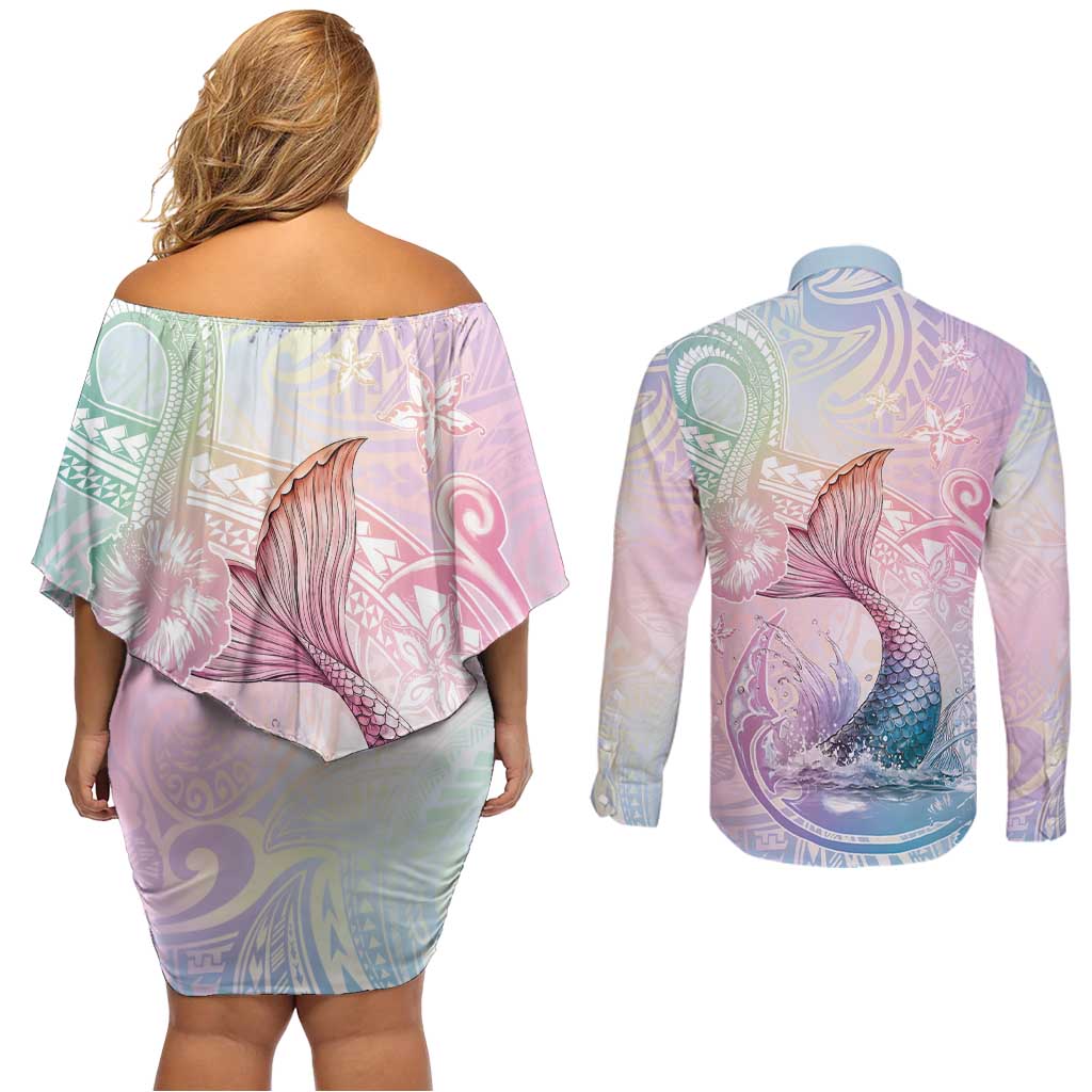 Hawaii Mermaid Sweet Pastel Couples Matching Off Shoulder Short Dress and Long Sleeve Button Shirt Polynesian Pattern Fish Hook