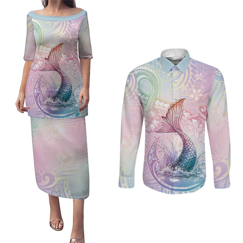 Hawaii Mermaid Sweet Pastel Couples Matching Puletasi and Long Sleeve Button Shirt Polynesian Pattern Fish Hook
