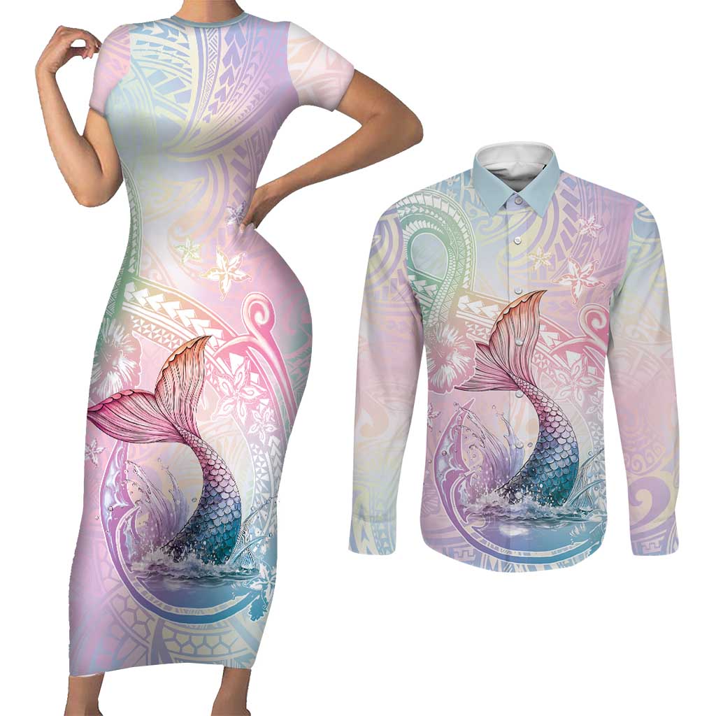 Hawaii Mermaid Sweet Pastel Couples Matching Short Sleeve Bodycon Dress and Long Sleeve Button Shirt Polynesian Pattern Fish Hook LT01 Multicolor - Polynesian Pride