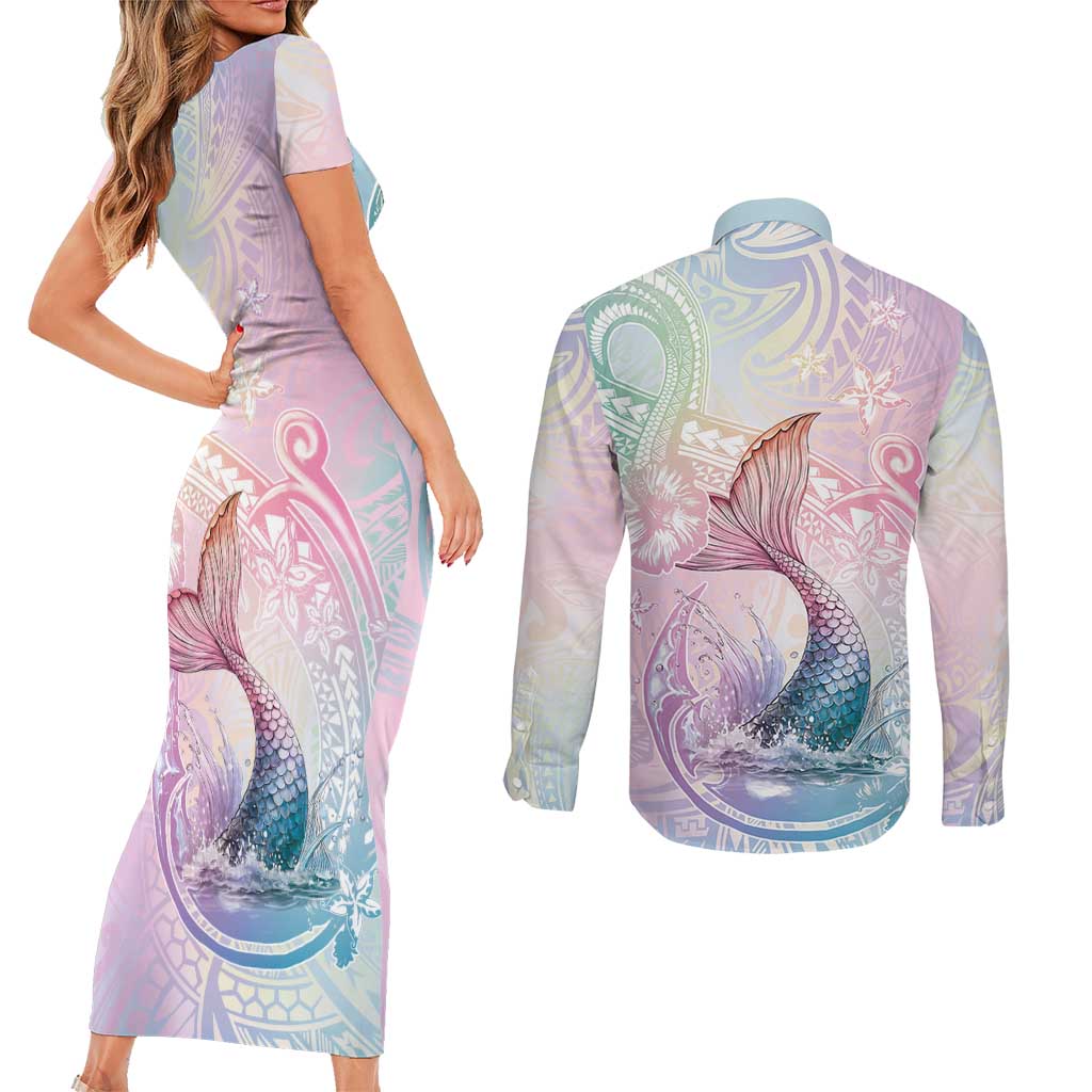 Hawaii Mermaid Sweet Pastel Couples Matching Short Sleeve Bodycon Dress and Long Sleeve Button Shirt Polynesian Pattern Fish Hook LT01 - Polynesian Pride