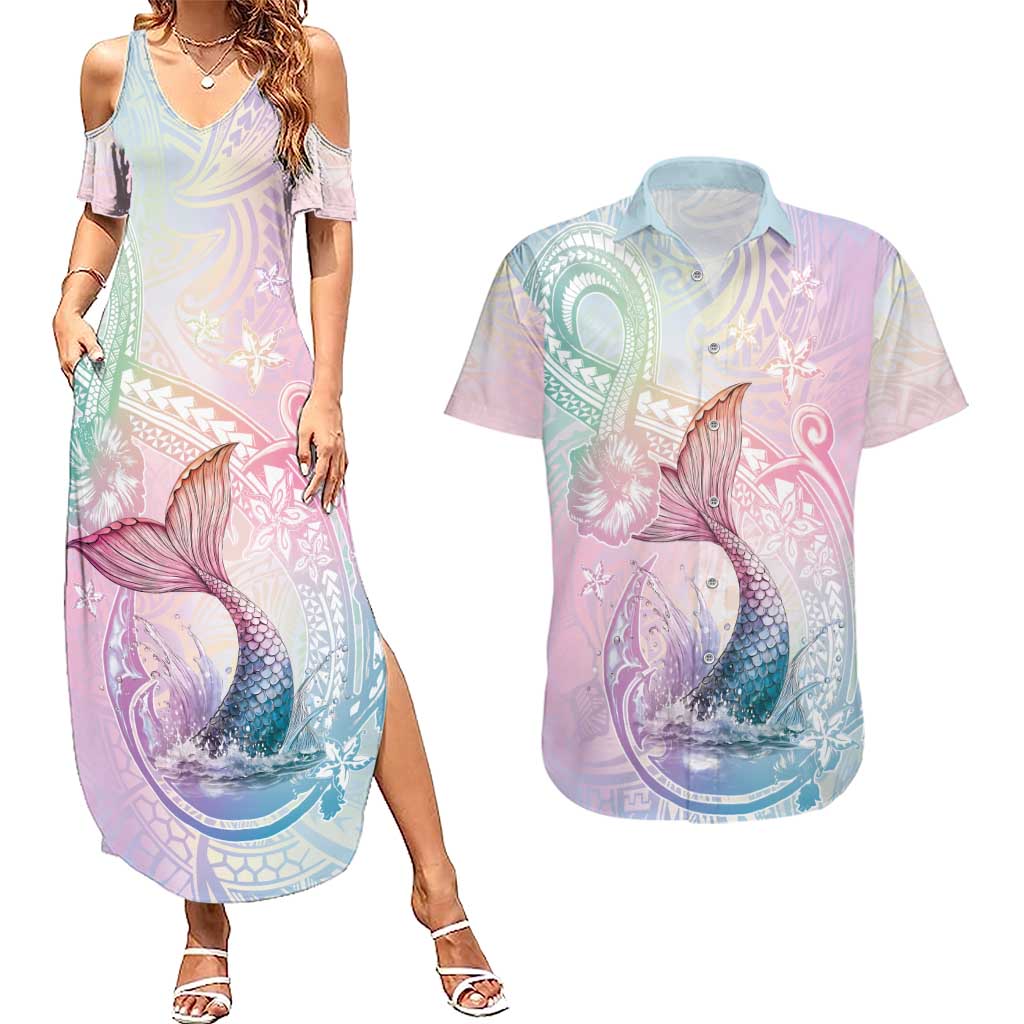 Hawaii Mermaid Sweet Pastel Couples Matching Summer Maxi Dress and Hawaiian Shirt Polynesian Pattern Fish Hook