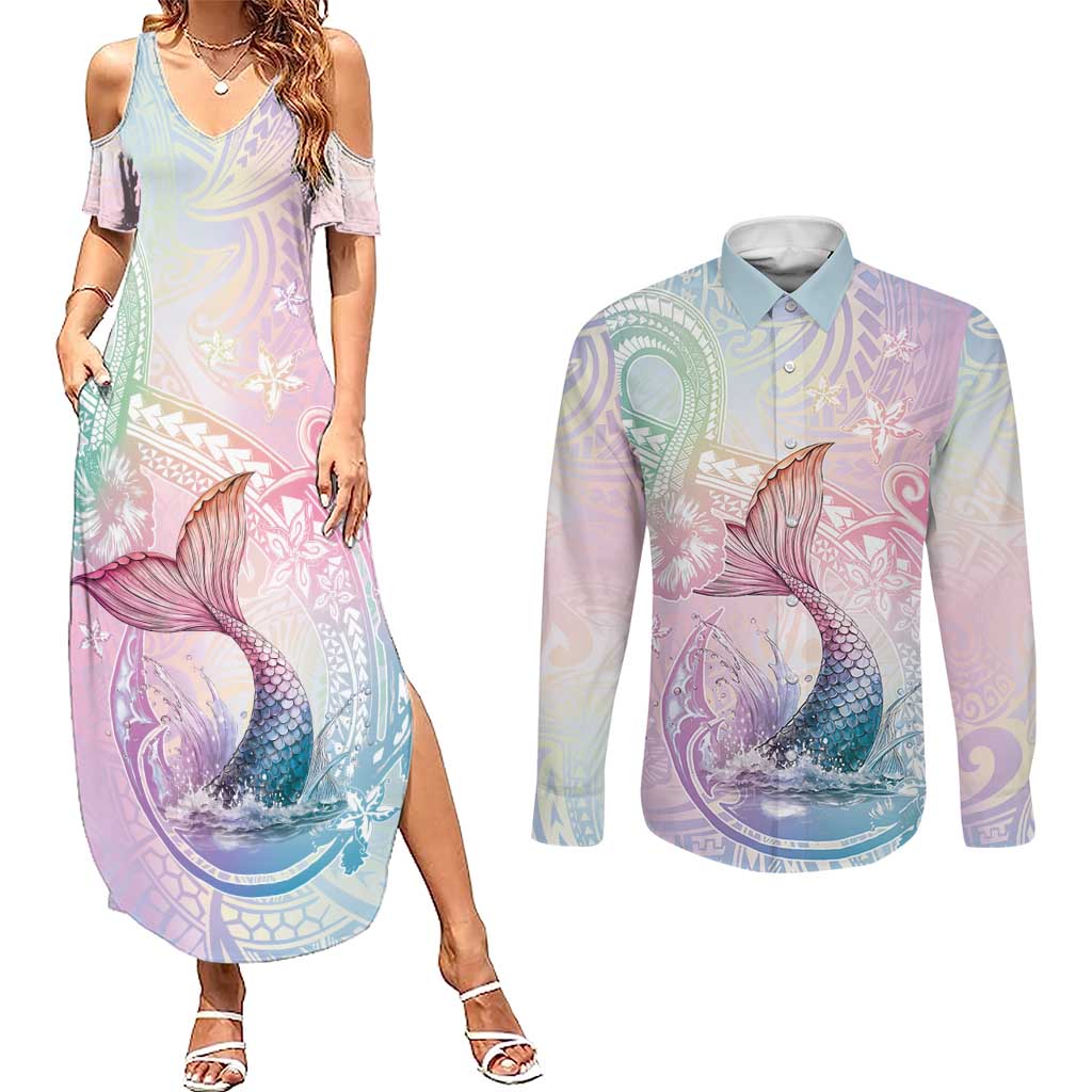 Hawaii Mermaid Sweet Pastel Couples Matching Summer Maxi Dress and Long Sleeve Button Shirt Polynesian Pattern Fish Hook LT01 Multicolor - Polynesian Pride
