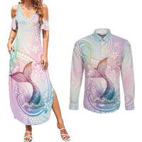 Hawaii Mermaid Sweet Pastel Couples Matching Summer Maxi Dress and Long Sleeve Button Shirt Polynesian Pattern Fish Hook LT01 Multicolor - Polynesian Pride