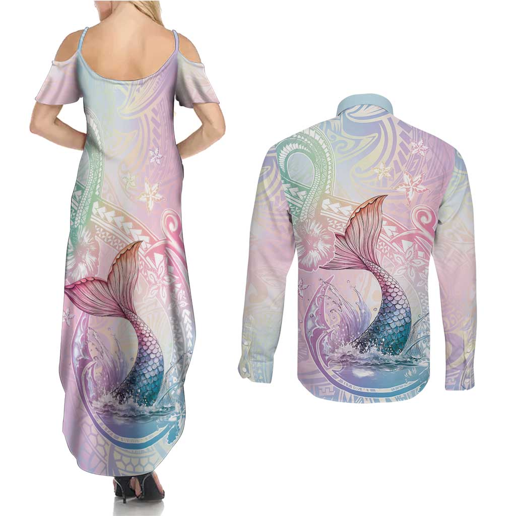 Hawaii Mermaid Sweet Pastel Couples Matching Summer Maxi Dress and Long Sleeve Button Shirt Polynesian Pattern Fish Hook LT01 - Polynesian Pride