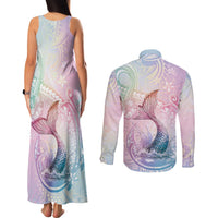 Hawaii Mermaid Sweet Pastel Couples Matching Tank Maxi Dress and Long Sleeve Button Shirt Polynesian Pattern Fish Hook