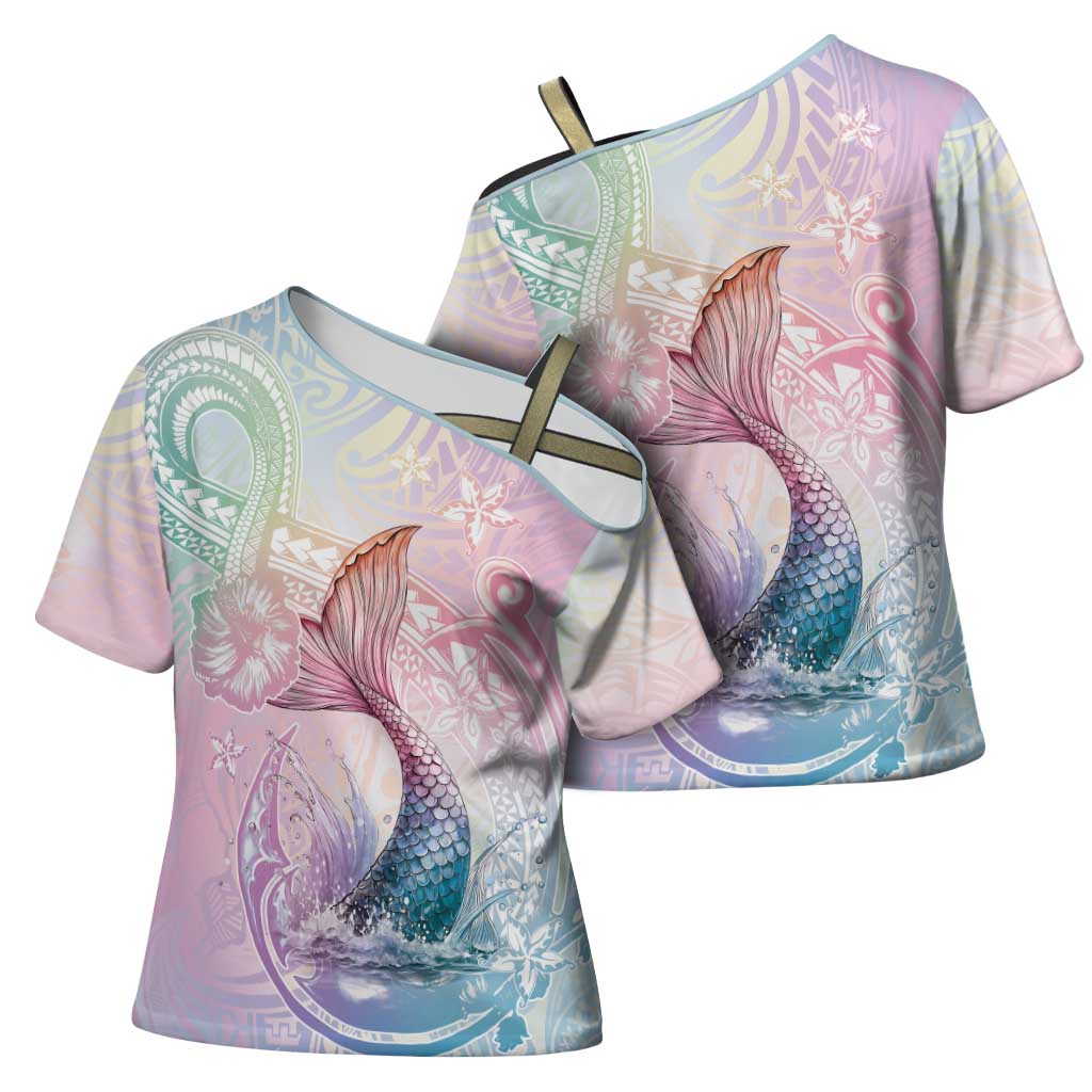 Hawaii Mermaid Sweet Pastel Cross Shoulder Shirt Polynesian Pattern Fish Hook
