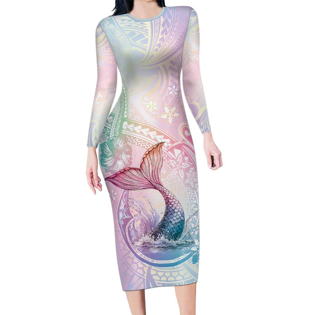 Hawaii Mermaid Sweet Pastel Family Matching Long Sleeve Bodycon Dress and Hawaiian Shirt Polynesian Pattern Fish Hook