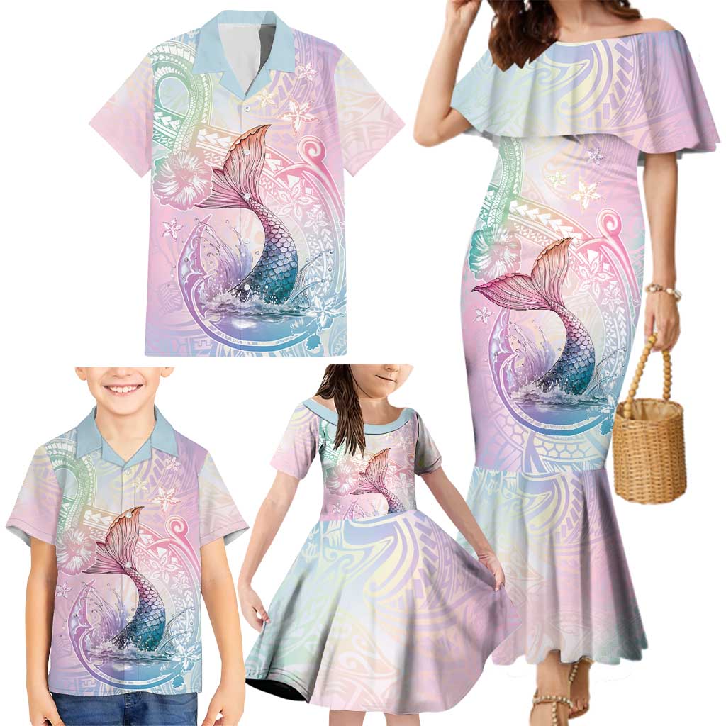 Hawaii Mermaid Sweet Pastel Family Matching Mermaid Dress and Hawaiian Shirt Polynesian Pattern Fish Hook