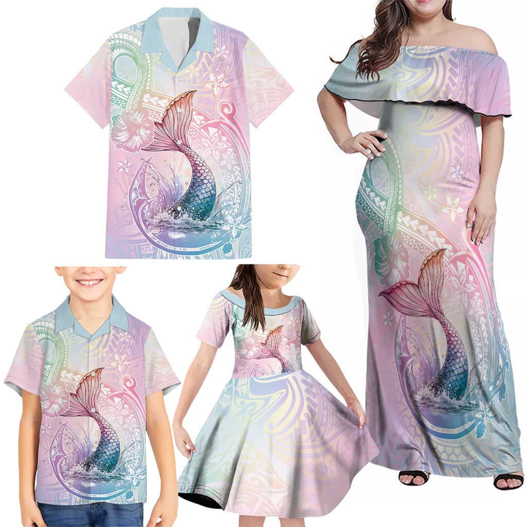 Hawaii Mermaid Sweet Pastel Family Matching Off Shoulder Maxi Dress and Hawaiian Shirt Polynesian Pattern Fish Hook