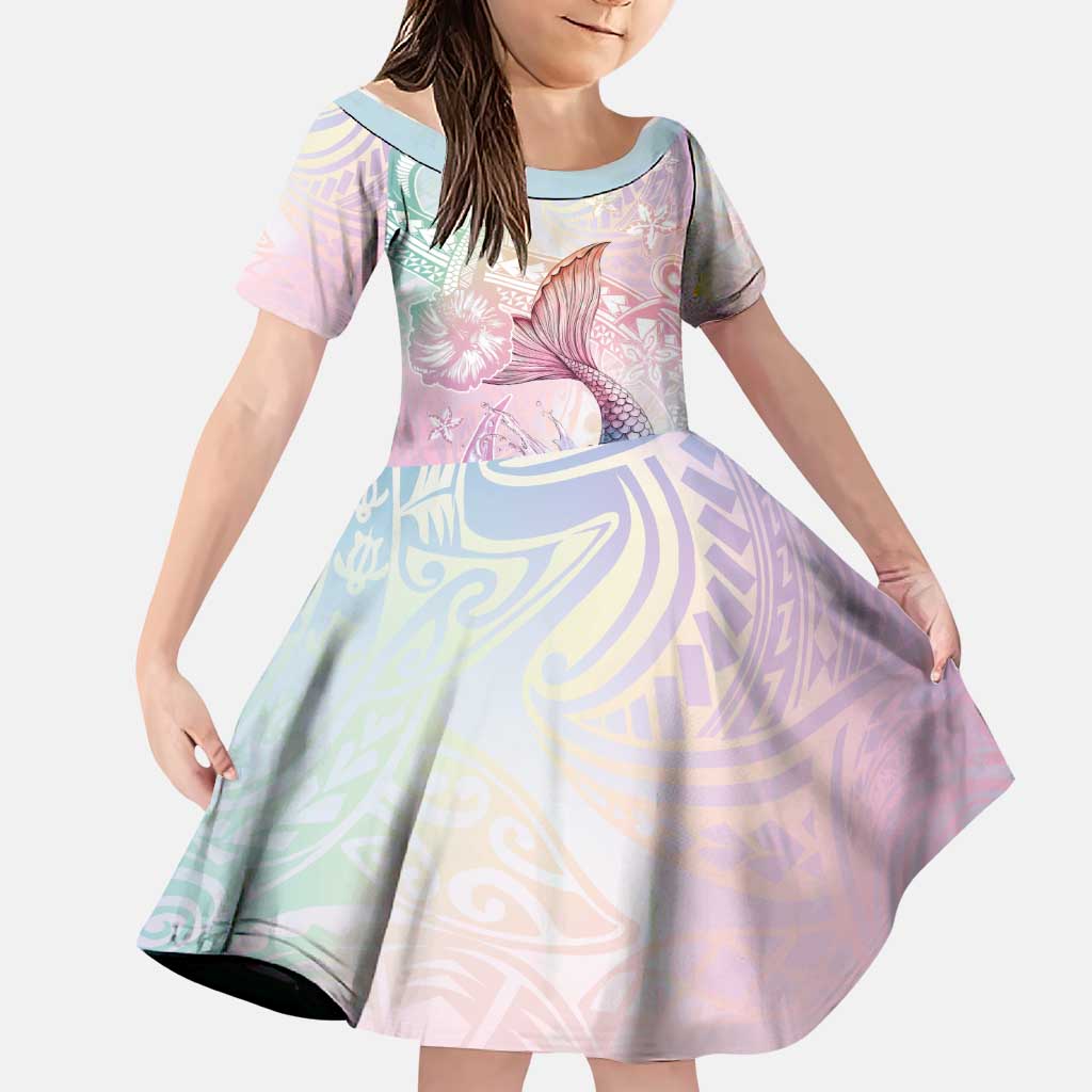 Hawaii Mermaid Sweet Pastel Family Matching Puletasi and Hawaiian Shirt Polynesian Pattern Fish Hook LT01 Daughter's Dress Multicolor - Polynesian Pride