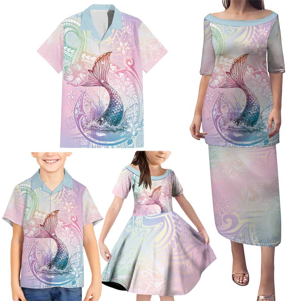 Hawaii Mermaid Sweet Pastel Family Matching Puletasi and Hawaiian Shirt Polynesian Pattern Fish Hook LT01 - Polynesian Pride