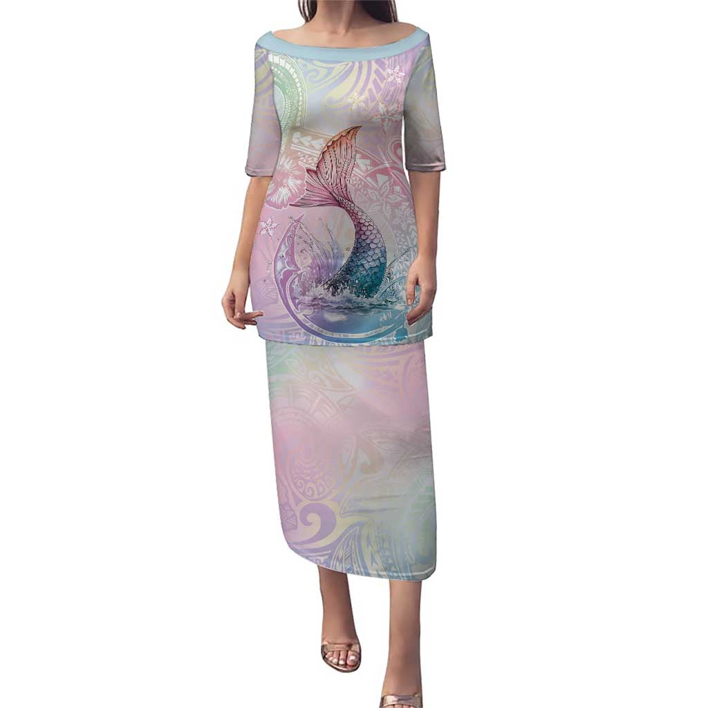 Hawaii Mermaid Sweet Pastel Family Matching Puletasi and Hawaiian Shirt Polynesian Pattern Fish Hook LT01 Mom's Dress Multicolor - Polynesian Pride