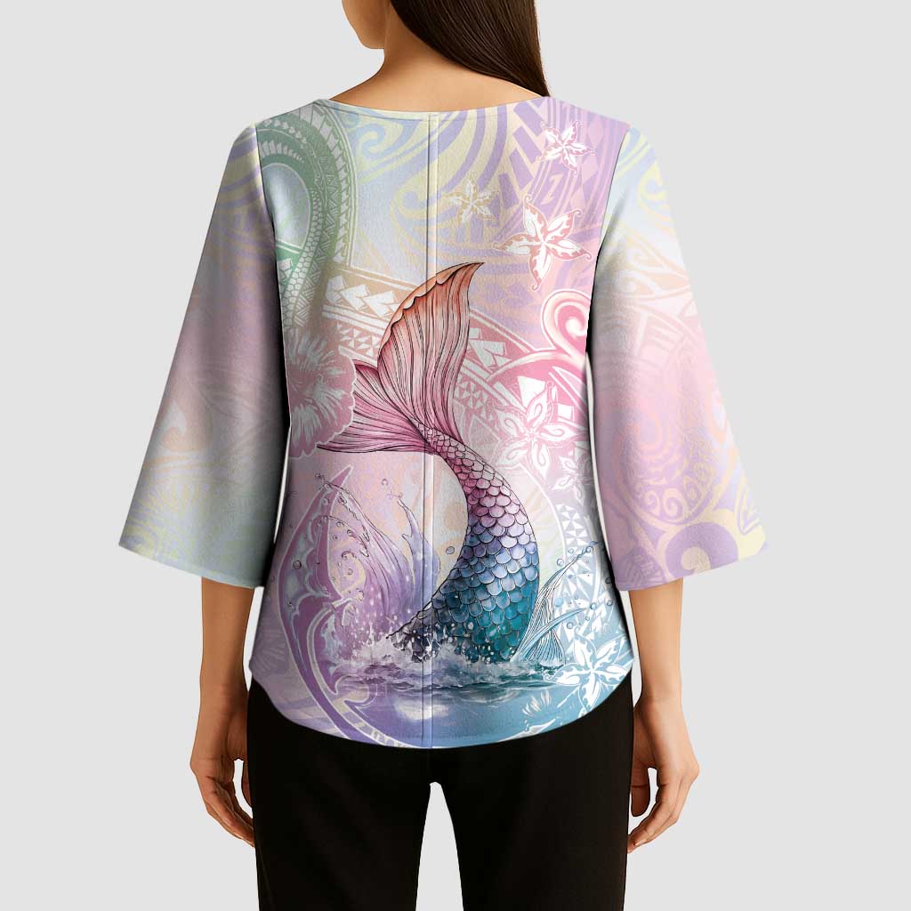 Hawaii Mermaid Sweet Pastel Kimono Sleeve Blouse Polynesian Pattern Fish Hook