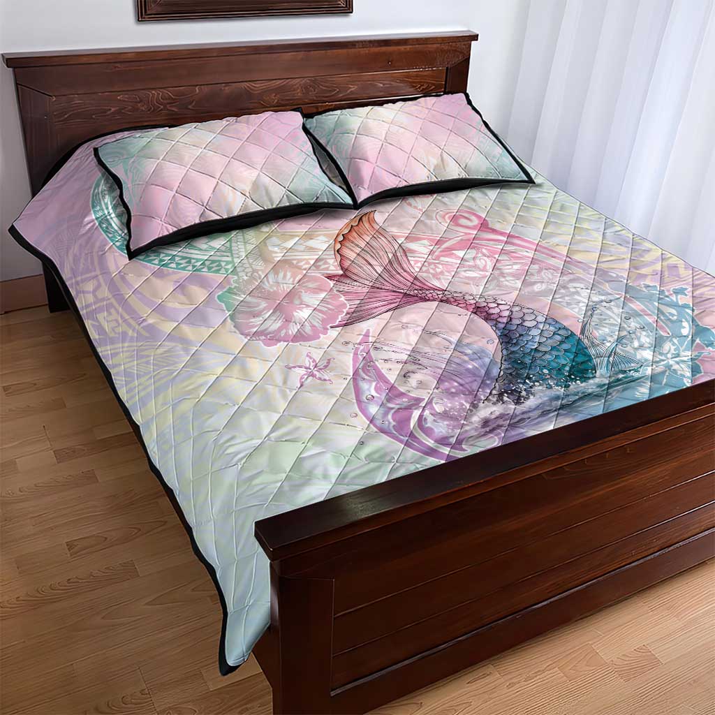 Hawaii Mermaid Sweet Pastel Quilt Bed Set Polynesian Pattern Fish Hook