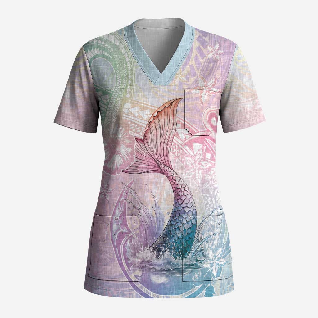 Hawaii Mermaid Sweet Pastel Scrub Top Polynesian Pattern Fish Hook