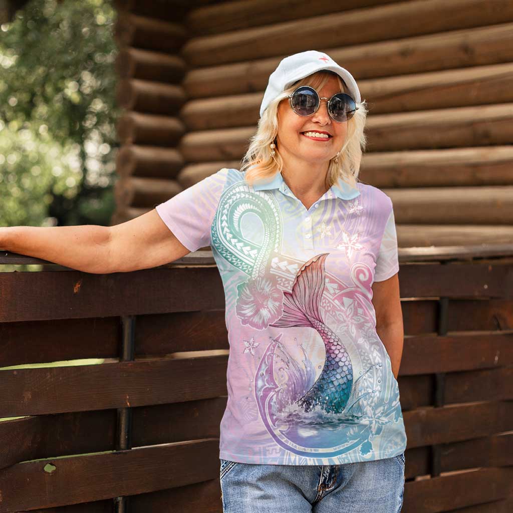 Hawaii Mermaid Sweet Pastel Women Polo Shirt Polynesian Pattern Fish Hook
