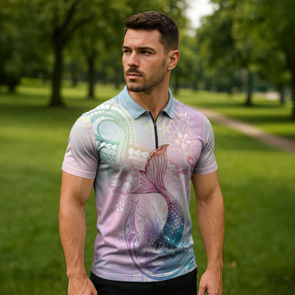 Hawaii Mermaid Sweet Pastel Zipper Polo Shirt Polynesian Pattern Fish Hook