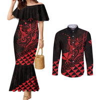 Personalized King Kamehameha Day Couples Matching Mermaid Dress and Long Sleeve Button Shirt Kakau Polynesian Pattern