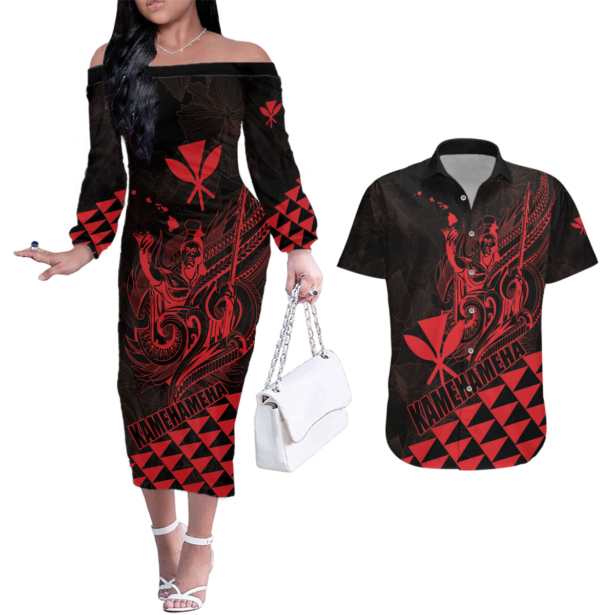 Personalized King Kamehameha Day Couples Matching Off The Shoulder Long Sleeve Dress and Hawaiian Shirt Kakau Polynesian Pattern