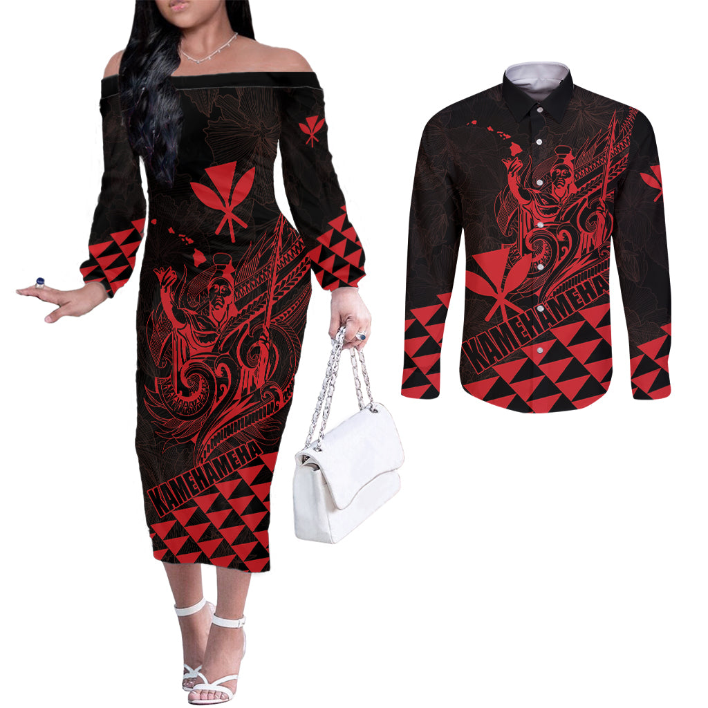 Personalized King Kamehameha Day Couples Matching Off The Shoulder Long Sleeve Dress and Long Sleeve Button Shirt Kakau Polynesian Pattern