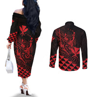 Personalized King Kamehameha Day Couples Matching Off The Shoulder Long Sleeve Dress and Long Sleeve Button Shirt Kakau Polynesian Pattern