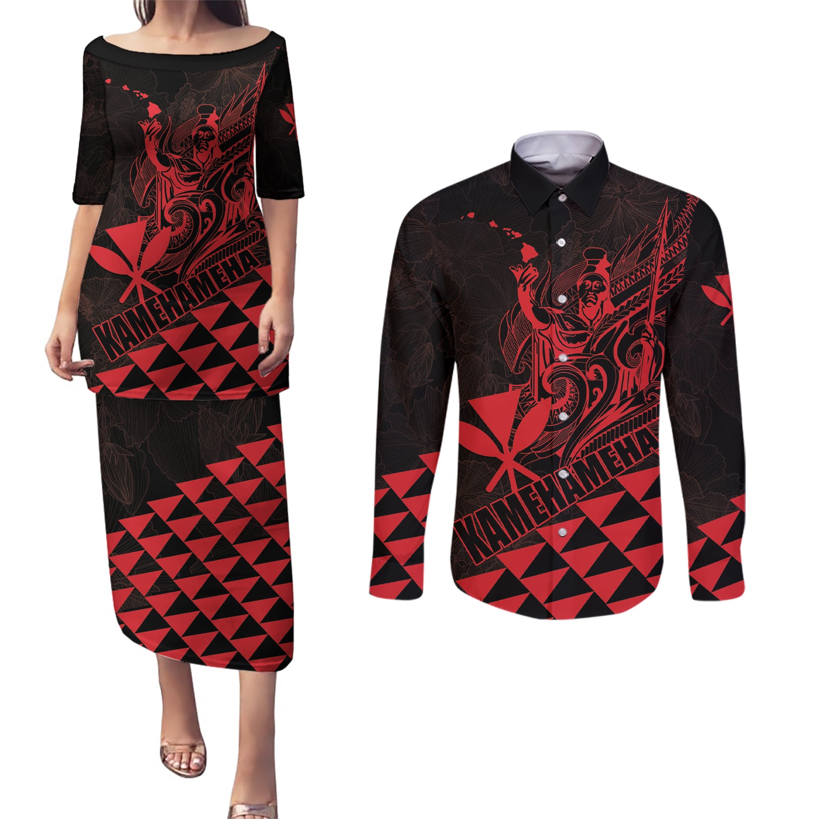 Personalized King Kamehameha Day Couples Matching Puletasi and Long Sleeve Button Shirt Kakau Polynesian Pattern
