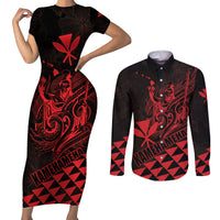 Personalized King Kamehameha Day Couples Matching Short Sleeve Bodycon Dress and Long Sleeve Button Shirt Kakau Polynesian Pattern