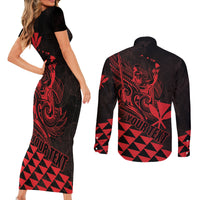 Personalized King Kamehameha Day Couples Matching Short Sleeve Bodycon Dress and Long Sleeve Button Shirt Kakau Polynesian Pattern
