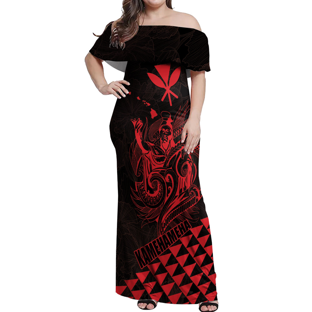 Personalized King Kamehameha Day Off Shoulder Maxi Dress Kakau Polynesian Pattern